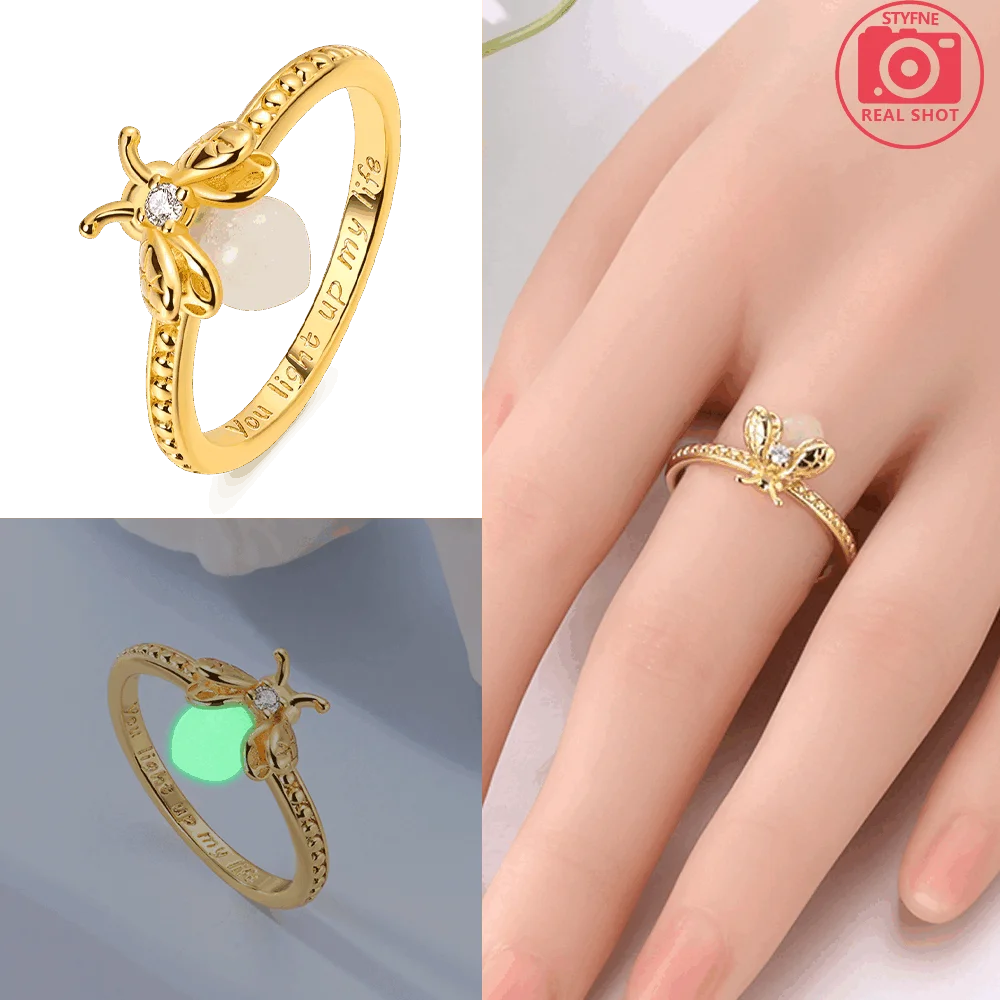 Green Glowing Firefly Ring Golden Woman's Ring Original 925 Silver Love Delicate Ring Jewelry Accessory Fine Valentine Gift