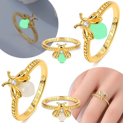 Green Glowing Firefly Ring Golden Woman's Ring Original 925 Silver Love Delicate Ring Jewelry Accessory Fine Valentine Gift