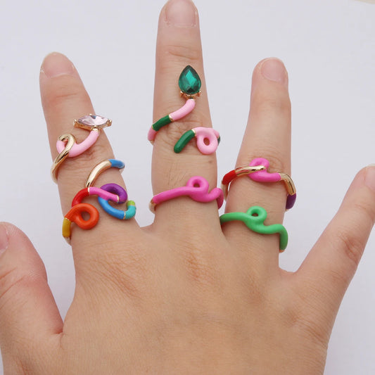 Contrast Ring Colorful Bohemian Rings Woman Y2K Candy Glass Baking Geometry Multicolor Serpentine Madera Pulseira Free Freight